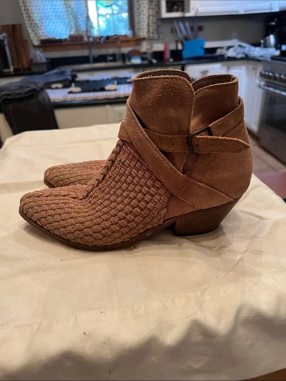 Free People Woven Suede Ankle Booties in Rust Brown